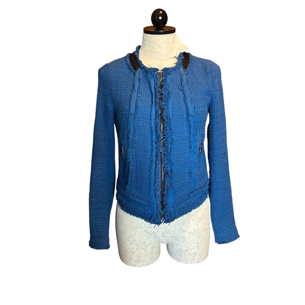 Rebecca Taylor Blue Tweed Fringe Jacket Leather Trim Silk Lined Size 2 Preppy